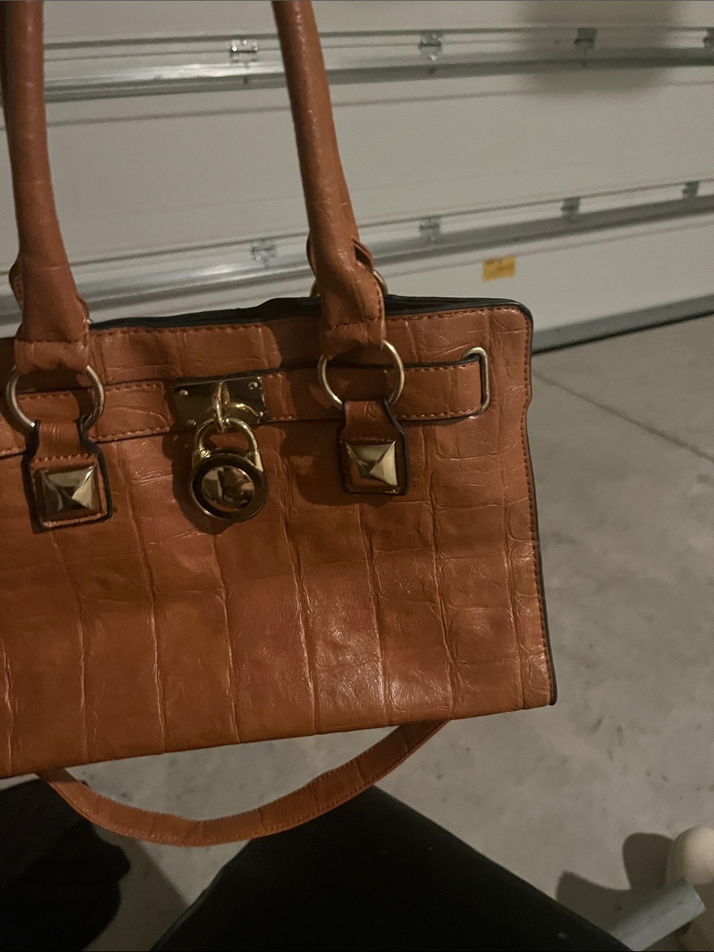 Croc-Embossed Tan Satchel with Gold Accents